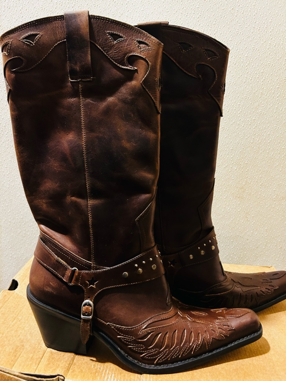 MIA ROCKSTAR Western Harness Leather Knee-High Boots - Brown